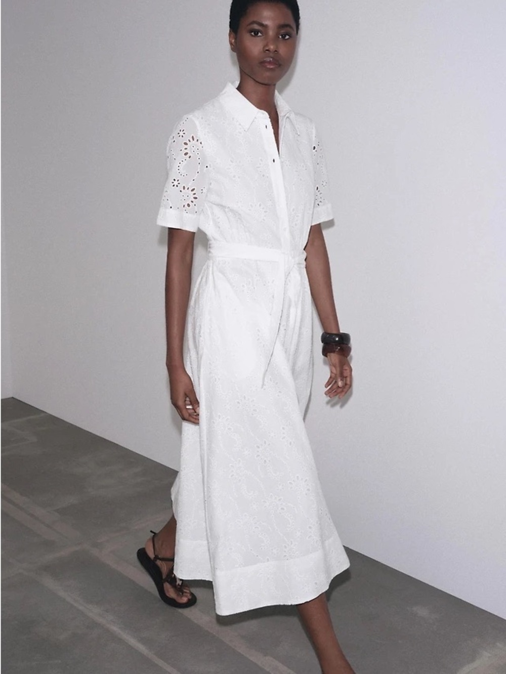 Zara White Eyelet Maxi Shirt Dress with Waist Tie